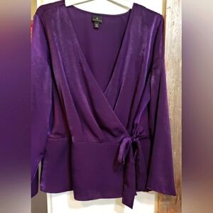 Holiday Christmas Worthington Satin Long Sleeve Wrap Around Blouse,deep Purple,